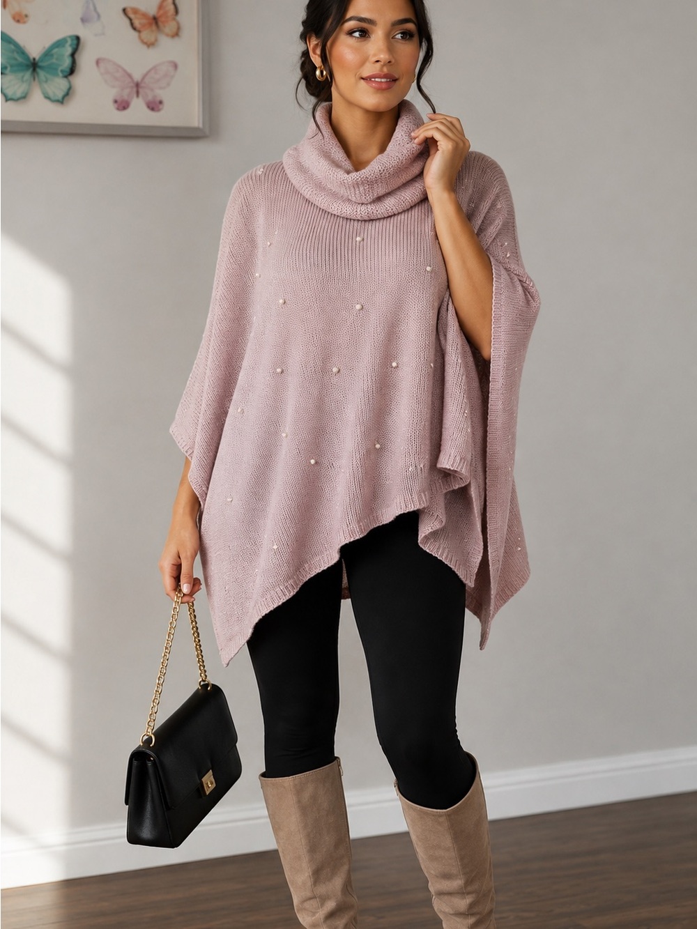 Cowl Neck Pearl-Dotted Poncho Sweater - Dusty Rose